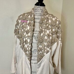 VNG Lim's 70s 100% silk cream cardigan w/crochet&beads decoration open front